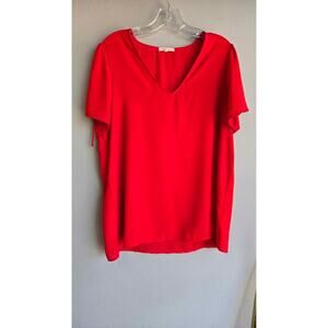 Pleione Bright Red V-Neck Blouse Top Size Large with Tie Sleeves
